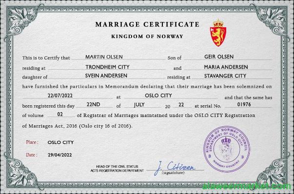 Norway marriage certificate PSD template